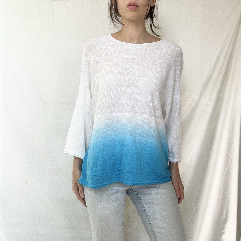 J Jill White Blue Ombre Linen Blend Top Coastal Boho Beach